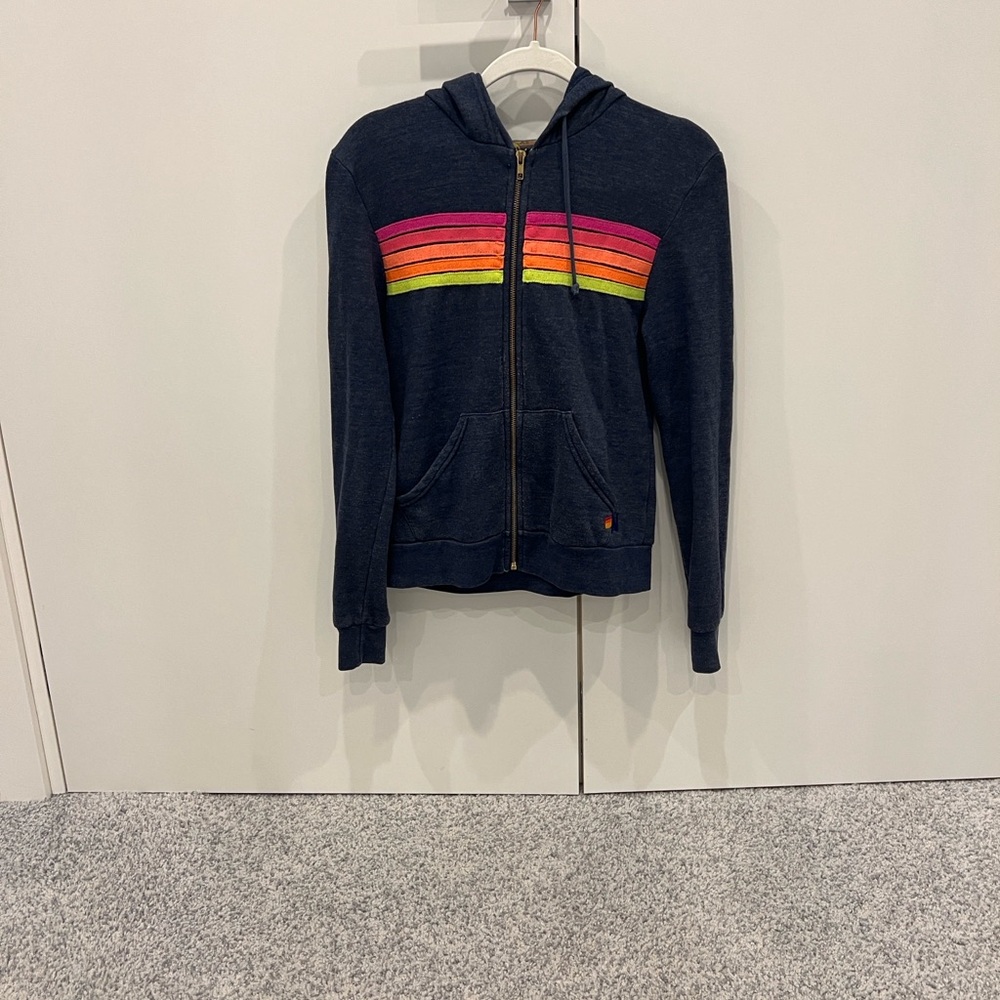 Aviator Nation 5 Stripe Hoodie- Navy With Multi Colored Stripes
